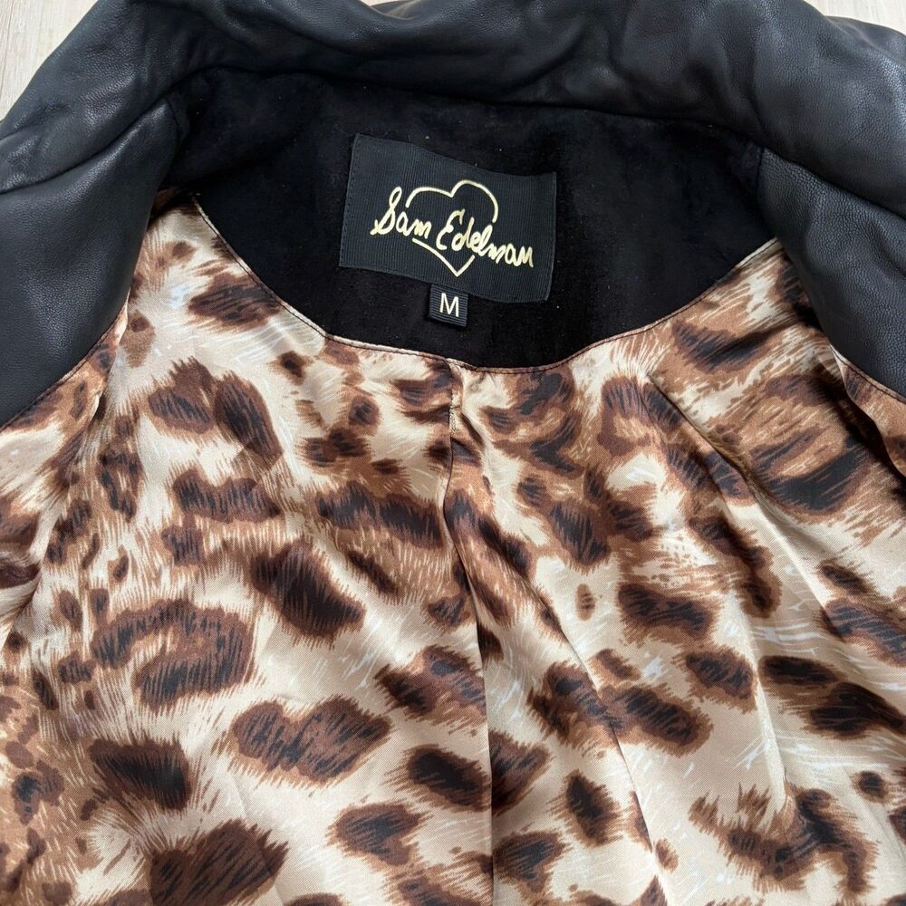 SAM EDELMAN Womans Black Leather Moto Jacket Gold Zipper Coat Jacket Size Medium - Picture 4 of 9